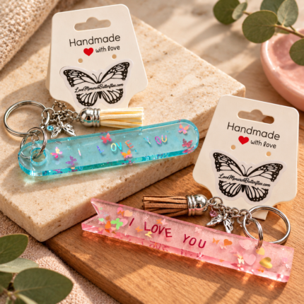 Handmade resin keychains with tassels and the words "I Love You".